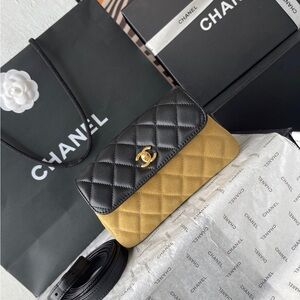 CHANEL Black and Mustard Quilted Leather Crossbody Bag with Gold Hardware